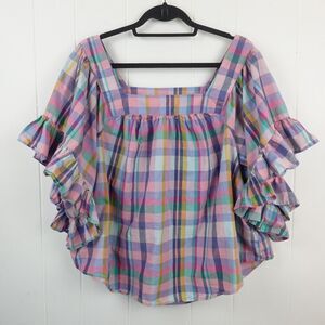 Terra Sky Womens Pastel Check Ruffled Sleeve Square Neck Top Size 1X (16W-18W)